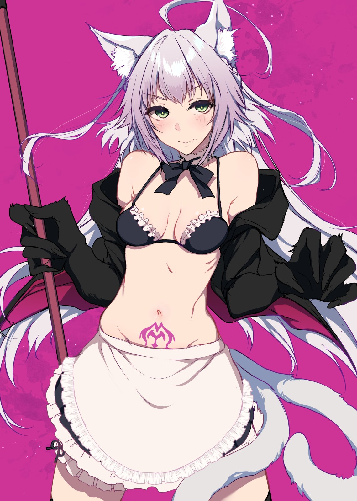 1girl animal_ears apron atalanta_(alter)_(fate) atalanta_(fate) bangs bikini breasts cat_ears fate/grand_order fate_(series) green_eyes highres hood hoodie jacket long_hair medium_breasts pochi_(pochi-goya) pubic_tattoo silver_hair swimsuit tattoo