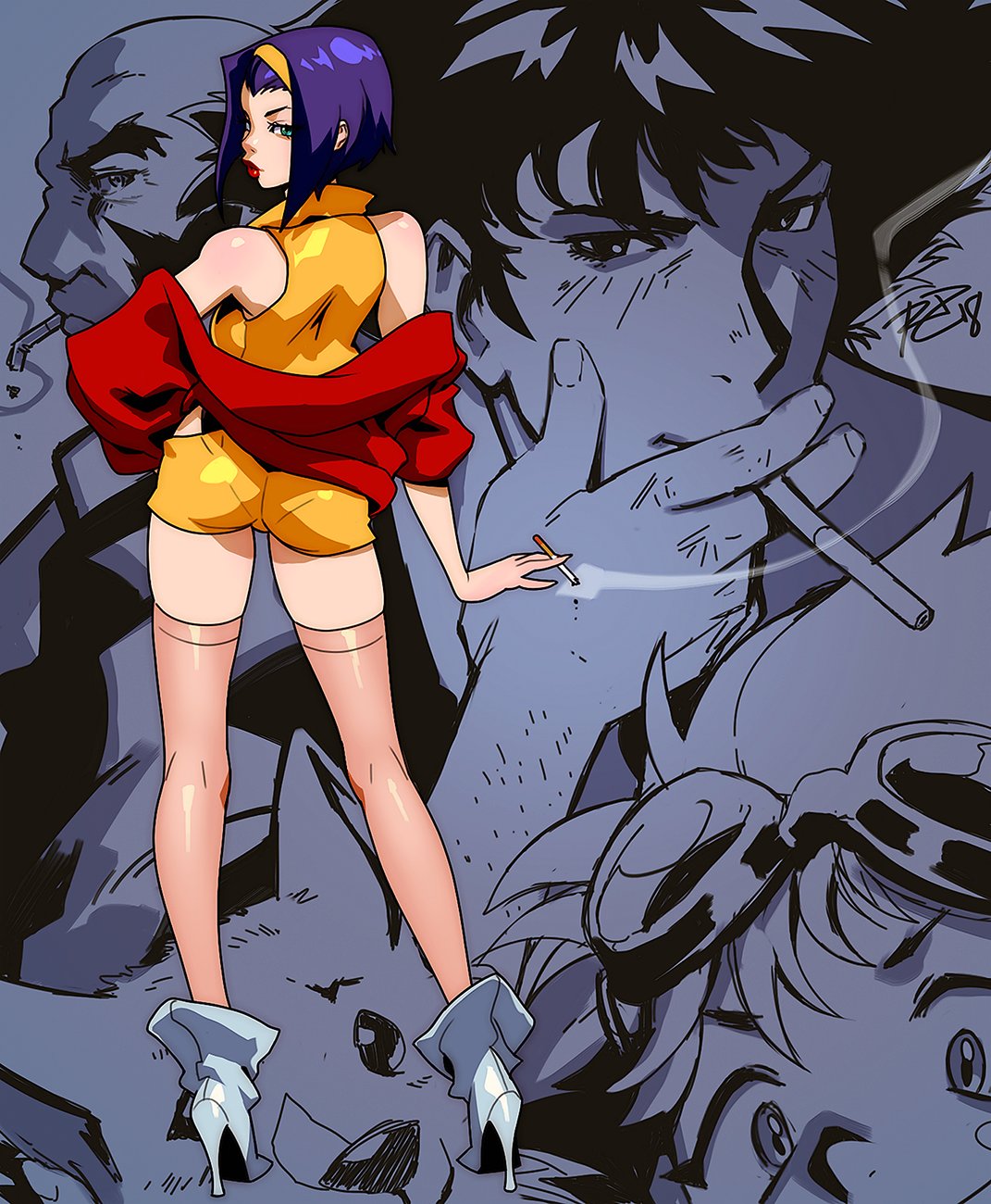 2boys 2girls aqua_eyes ass bald blush_stickers cigarette cowboy_bebop dog edward_wong_hau_pepelu_tivrusky_iv ein_(cowboy_bebop) facial_hair faye_valentine from_behind goggles goggles_on_head hairband high_heels highres jet_black lipstick looking_back makeup multiple_boys multiple_girls pantylines purple_hair red_lipstick robert_porter signature smoke smoking spike_spiegel thigh-highs welsh_corgi