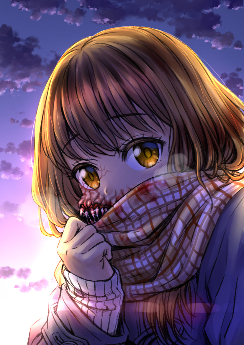 1girl backlighting blood bloody_clothes blush breath brown_eyes brown_hair clouds coat commentary_request eyebrows_visible_through_hair long_hair looking_at_viewer original outdoors plaid plaid_scarf scarf sharp_teeth sky sleeves_past_wrists sun sunrise sunset taniguchi_seima teeth upper_body veins