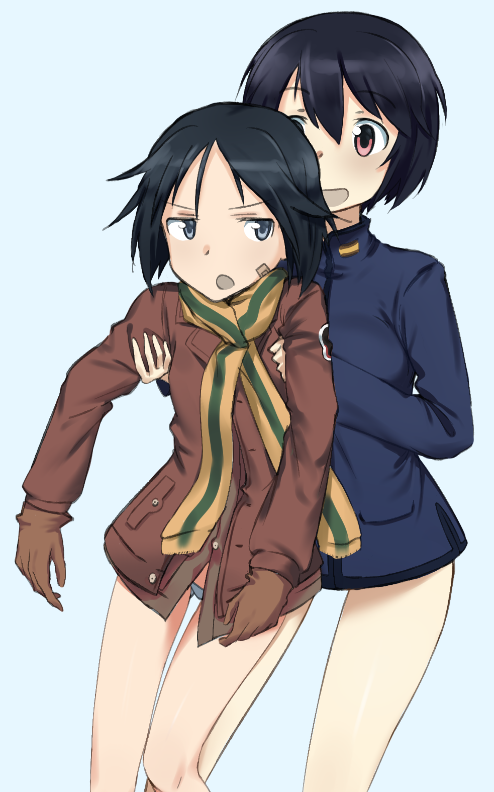 2girls ass_visible_through_thighs bandaid bandaid_on_face bangs black_eyes black_hair blue_background blue_hair blue_jacket blue_panties brave_witches brown_gloves brown_jacket cowboy_shot eyebrows_visible_through_hair fankupl frown gloves highres holding_person jacket kanno_naoe long_sleeves looking_at_another looking_back military military_uniform multicolored multicolored_clothes multicolored_scarf multiple_girls no_pants open_mouth panties red_eyes scarf shimohara_sadako short_hair simple_background smile standing striped striped_scarf thigh_gap underwear uniform world_witches_series