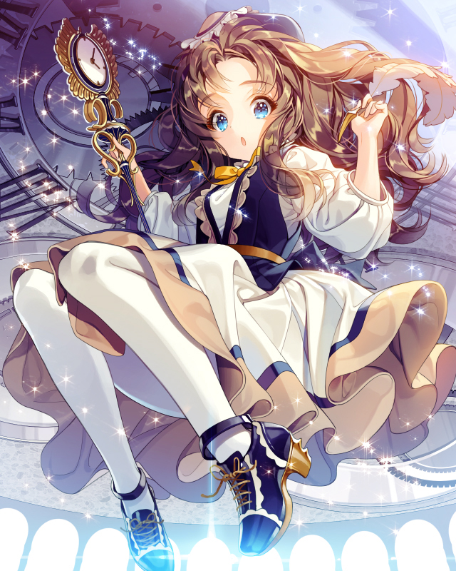 1girl black_footwear blue_eyes brown_hair brown_skirt cherrypin chestnut_mouth clock full_body gears looking_at_viewer pantyhose puffy_sleeves quill skirt solo tenkuu_no_crystalia v_arms white_legwear