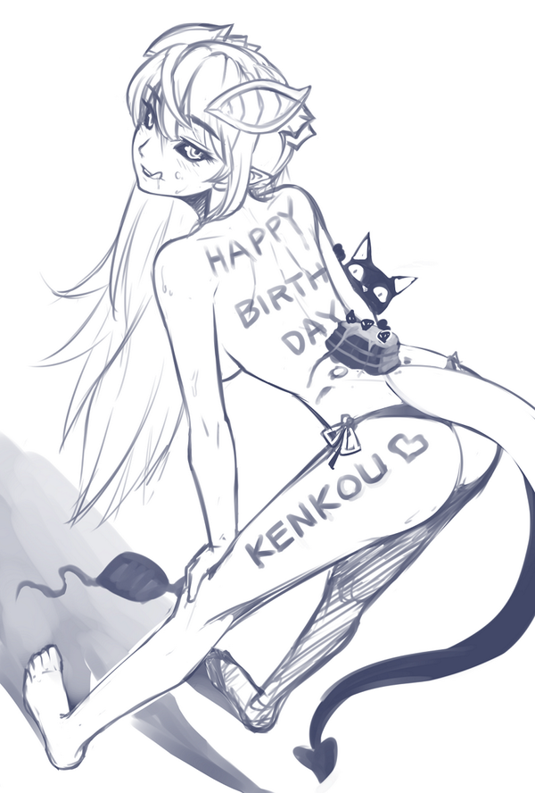 1girl :q ass barefoot bent_over bikini black_sclera body_writing cake cat demon_girl demon_horns demon_tail dutch_angle food greyscale hands_on_own_knees happy_birthday heart horns lilim_(monster_girl_encyclopedia) long_hair looking_at_viewer looking_back mari_(maritan) maritan_(pixelmaritan) monochrome monster_girl_encyclopedia pointy_ears side-tie_bikini sketch smile solo swimsuit tail tongue tongue_out