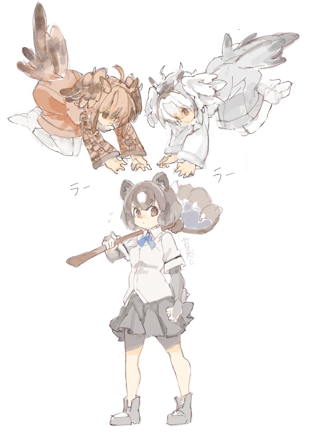 3girls animal_ears bear_ears bear_paw bear_tail bike_shorts bird_tail bird_wings boots brown_bear_(kemono_friends) brown_hair clenched_hand coat collared_shirt commentary_request elbow_gloves eurasian_eagle_owl_(kemono_friends) flying flying_sweatdrops fur_collar gloves head_wings highres kemono_friends konabetate long_sleeves multicolored_hair multiple_girls neck_ribbon northern_white-faced_owl_(kemono_friends) outstretched_hand owl_ears pantyhose pleated_skirt pout ribbon shirt short_hair short_sleeves shorts_under_skirt skirt t-shirt tail translation_request weapon white_hair wings