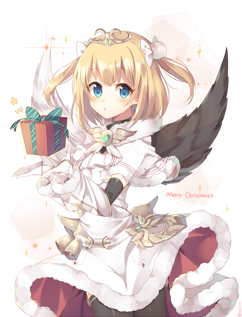 :o bell black_legwear black_wings blonde_hair blue_eyes blush bow christmas copyright_request dress english floating floating_object gift gloves heart holding holding_gift looking_at_viewer merry_christmas mismatched_wings rento_(rukeai) short_hair star thigh-highs tiara white_bow white_dress white_gloves white_wings wings