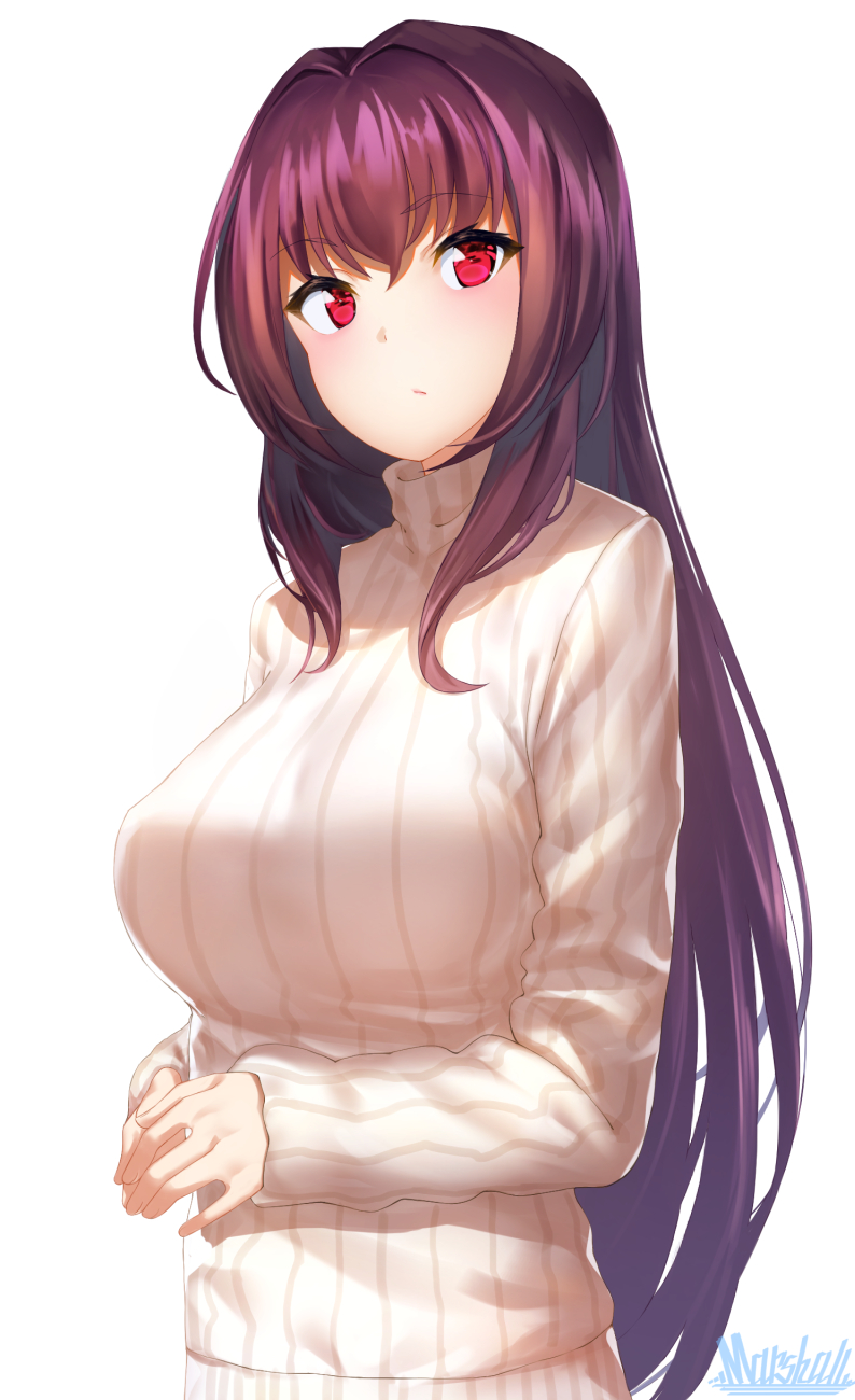 1girl artist_name commentary_request eyebrows_visible_through_hair fate/grand_order fate_(series) highres long_hair long_sleeves looking_at_viewer marshall_(wahooo) purple_hair red_eyes ribbed_sweater scathach_(fate/grand_order) simple_background solo sweater turtleneck turtleneck_sweater upper_body white_background white_sweater
