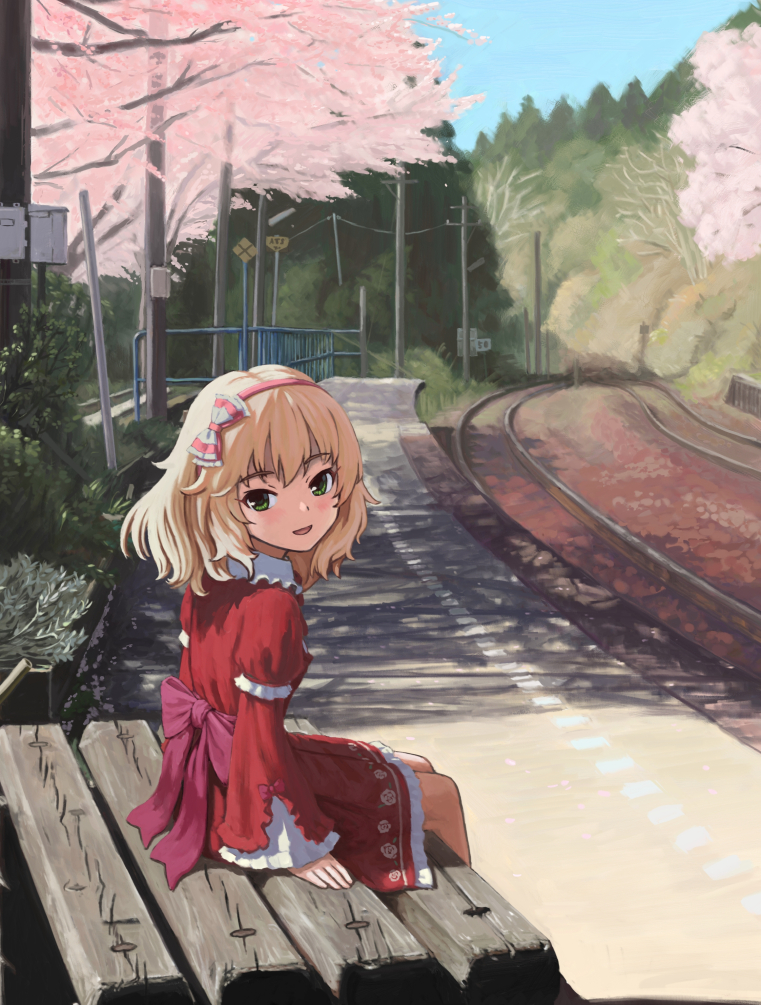 1girl back_bow bench blonde_hair blush bow bush cherry_blossoms collar commentary_request day dress eyebrows_visible_through_hair floral_print frilled_collar frilled_dress frilled_sleeves frills green_eyes hair_bow hairband idolmaster idolmaster_cinderella_girls long_sleeves looking_at_viewer looking_back outdoors parted_lips pink_hairband power_lines railing railroad_tracks red_dress rose_print sakurai_momoka scenery short_hair sign sitting sky sleeves_past_wrists smile solo telephone_pole train_station tree tyubei7716 wavy_hair