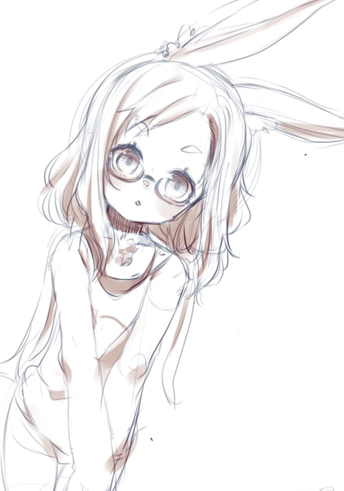 1girl animal_ears azuki_akizuki furry glasses hands_together long_hair low_twintails monochrome original rabbit_ears shirt sketch sleeveless sleeveless_shirt solo twintails v_arms