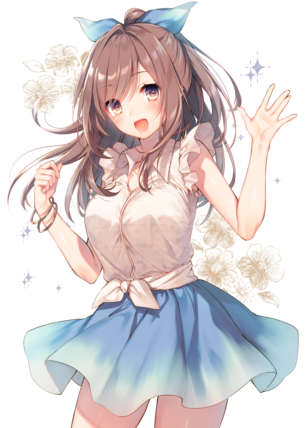 1girl bangs blue_ribbon blue_skirt blush bracelet breasts brown_hair cleavage collared_shirt cowboy_shot eyebrows_visible_through_hair floral_background flower front-tie_top gradient_clothes hair_ribbon highres idolmaster idolmaster_shiny_colors jewelry large_breasts long_hair looking_at_viewer open_mouth parted_bangs ponytail ribbon shirt simple_background skirt sleeveless sleeveless_shirt smile solo sparkle tied_shirt toosaka_asagi tsukioka_kogane waving white_background white_shirt