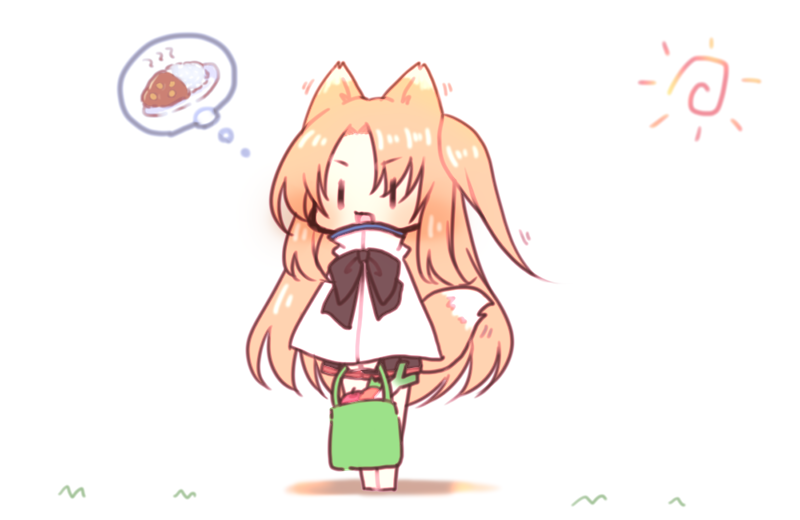 1girl :d animal_ears azur_lane bag bangs barefoot black_bow black_skirt blonde_hair blush bow cape chibi cleveland_(azur_lane) curry curry_rice dog_ears dog_girl dog_tail eyebrows_visible_through_hair food holding_bag long_hair one_side_up open_mouth parted_bangs pleated_skirt rice sakurato_ototo_shizuku shopping_bag skirt smile solo spring_onion standing sun_(symbol) tail very_long_hair white_background white_cape |_|