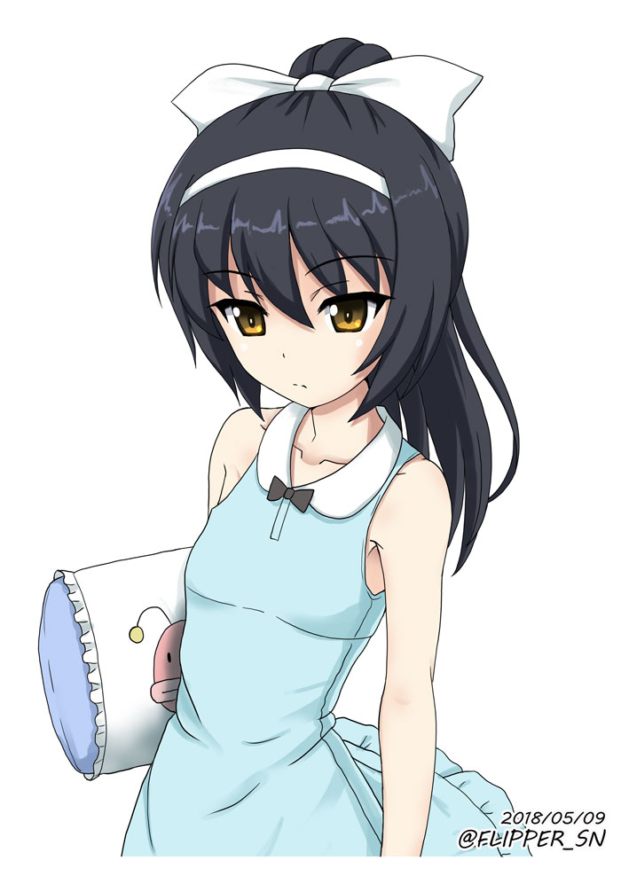 1girl alternate_hairstyle anglerfish aqua_dress bangs black_bow black_hair bow brown_eyes commentary_request dated dress emblem flipper frilled_dress frills girls_und_panzer hair_bow hair_up hairband holding holding_pillow long_hair looking_at_viewer medium_dress partial_commentary pillow ponytail reizei_mako simple_background sleeveless sleeveless_dress solo twitter_username upper_body white_background white_bow white_hairband
