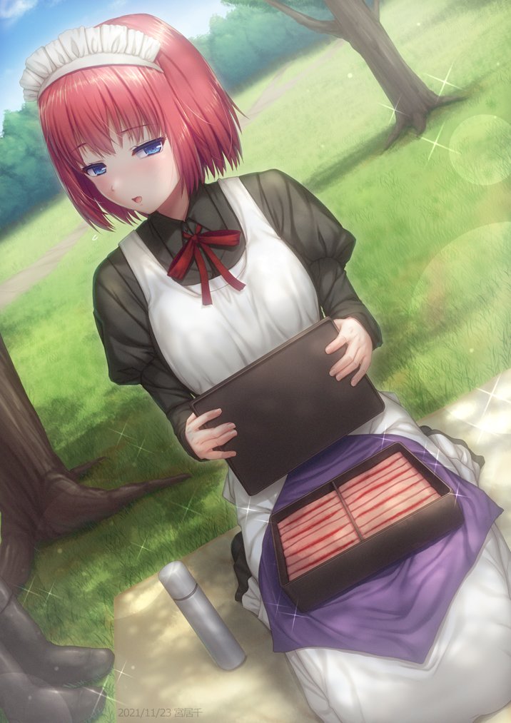 1girl apron bangs bento black_dress black_footwear blanket blue_eyes blue_sky blush boots boots_removed bottle clouds commentary_request dated day dress eyebrows_visible_through_hair grass hair_between_eyes half-closed_eyes hisui_(tsukihime) juliet_sleeves long_sleeves lunchbox maid maid_apron maid_headdress miyai_sen neck_ribbon outdoors picnic puffy_sleeves red_neckwear red_ribbon redhead ribbon seiza shadow short_hair sitting sky solo thermos tree tsukihime white_apron