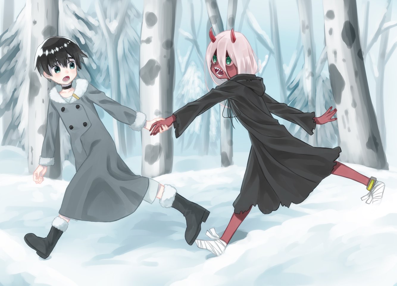 1boy 1girl bandage black_cloak black_hair blue_eyes blush boots cloak coat commentary_request couple darling_in_the_franxx fringe fur_boots fur_trim green_eyes grey_coat hanabusayuzuki hand_holding hiro_(darling_in_the_franxx) hood hooded_cloak horns long_hair looking_back oni_horns parka pink_hair red_horns red_pupils red_sclera red_skin short_hair snow spoilers winter_clothes winter_coat younger zero_two_(darling_in_the_franxx)