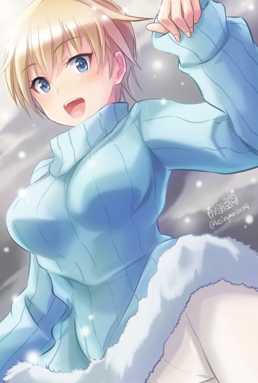 1girl artist_name bangs blonde_hair blue_eyes blue_swimsuit brave_witches breasts dutch_angle eyebrows_visible_through_hair fur_trim haruhata_mutsuki large_breasts long_sleeves looking_at_viewer nikka_edvardine_katajainen open_mouth ribbed_sweater short_hair signature smile snow solo standing sweater swimsuit turtleneck turtleneck_sweater twitter_username white_legwear world_witches_series