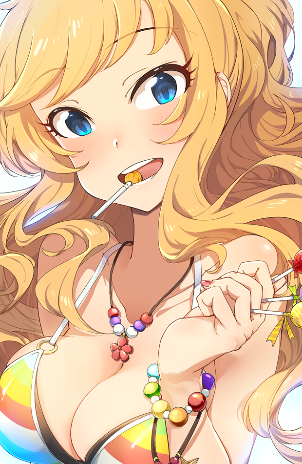 1girl backlighting bangs bare_shoulders bead_bracelet beads between_fingers bikini blonde_hair blue_eyes blush bracelet breasts candy candy_wrapper cleavage collarbone eyebrows eyebrows_visible_through_hair eyelashes fingernails flower flower_necklace food food_in_mouth hand_up idolmaster idolmaster_cinderella_girls idolmaster_cinderella_girls_starlight_stage jewelry lollipop long_hair medium_breasts multicolored multicolored_bikini multicolored_clothes nail_polish necklace o.m ootsuki_yui open_mouth pink_nails solo swept_bangs swimsuit teeth tongue upper_body