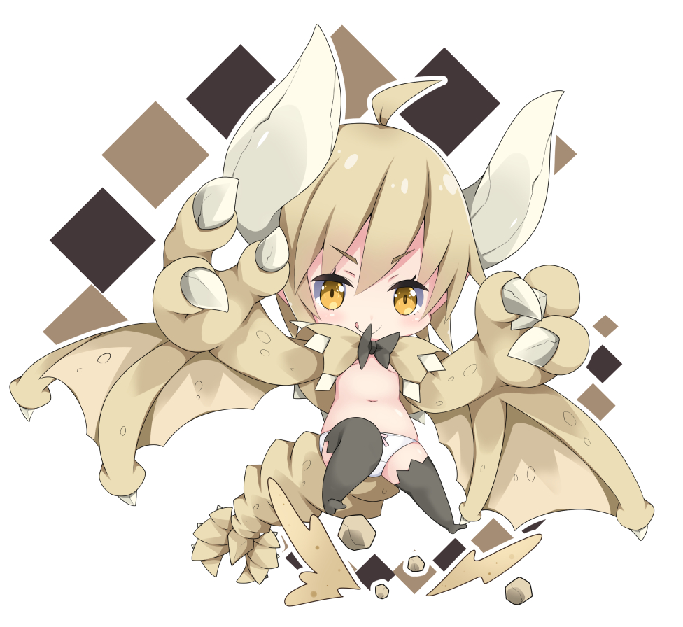 1girl :q ahoge bangs black_bow black_legwear blush bow bow_panties breasts brown_wings chibi claws closed_mouth commentary_request curled_horns eyebrows_visible_through_hair hair_between_eyes horns light_brown_hair long_hair looking_at_viewer milkpanda monster_hunter navel no_shoes orange_hair panties personification small_breasts smile solo stone tail thigh-highs tongue tongue_out underwear white_panties winged_arms wings