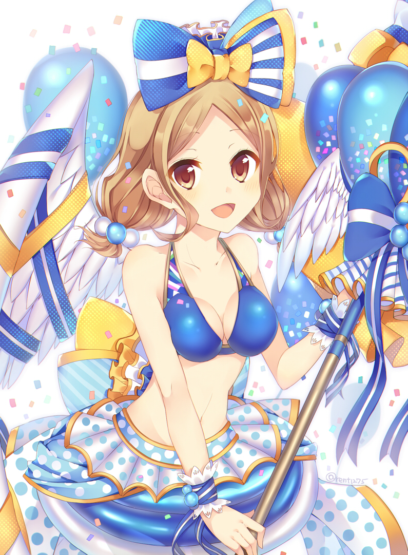 1girl balloon bikini blue_bikini blue_bow blue_ribbon bow brown_eyes character_request confetti innertube light_brown_hair looking_at_viewer navel open_mouth rento_(rukeai) ribbon shironeko_project smile striped swimsuit vertical_stripes wings yellow_bow