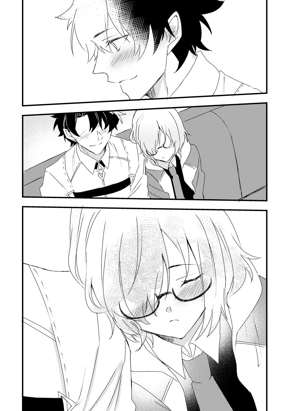 1boy 1girl black_dress black_hair blush chaldea_uniform closed_eyes comic dress fate/grand_order fate_(series) fujimaru_ritsuka_(male) glasses greyscale hair_over_one_eye highres jacket kichi_(kitiokitioo) leaning_on_person mash_kyrielight monochrome necktie short_hair sitting sleeping sleeping_on_person sleeping_upright smile