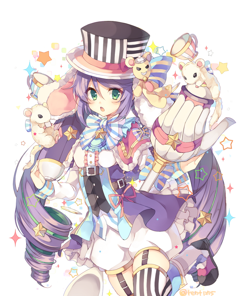 1girl :o animal_ears bow character_request drill_hair garter_straps green_eyes green_hair hat holding holding_staff holding_teacup horizontal_stripes long_hair looking_at_viewer mouse multicolored_hair pink_bow purple_hair red_bow rento_(rukeai) shironeko_project shorts solo staff star striped striped_legwear stuffed_animal stuffed_toy teapot teddy_bear thigh-highs top_hat vertical-striped_legwear vertical_stripes white_bow white_shorts