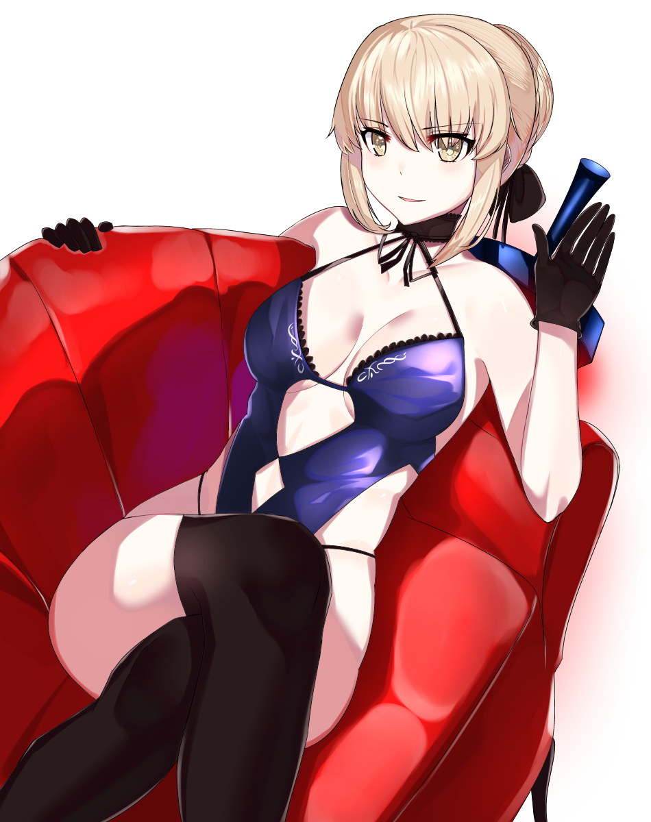 1girl artoria_pendragon_(all) artoria_pendragon_(swimsuit_rider_alter) black_gloves black_legwear blonde_hair casual_one-piece_swimsuit choker couch fate/grand_order fate_(series) feet_out_of_frame gloves hair_bun highres kurosawa_(hjkl42332) legs_crossed one-piece_swimsuit purple_swimsuit saber_alter sidelocks simple_background sitting solo swimsuit thigh-highs white_background yellow_eyes