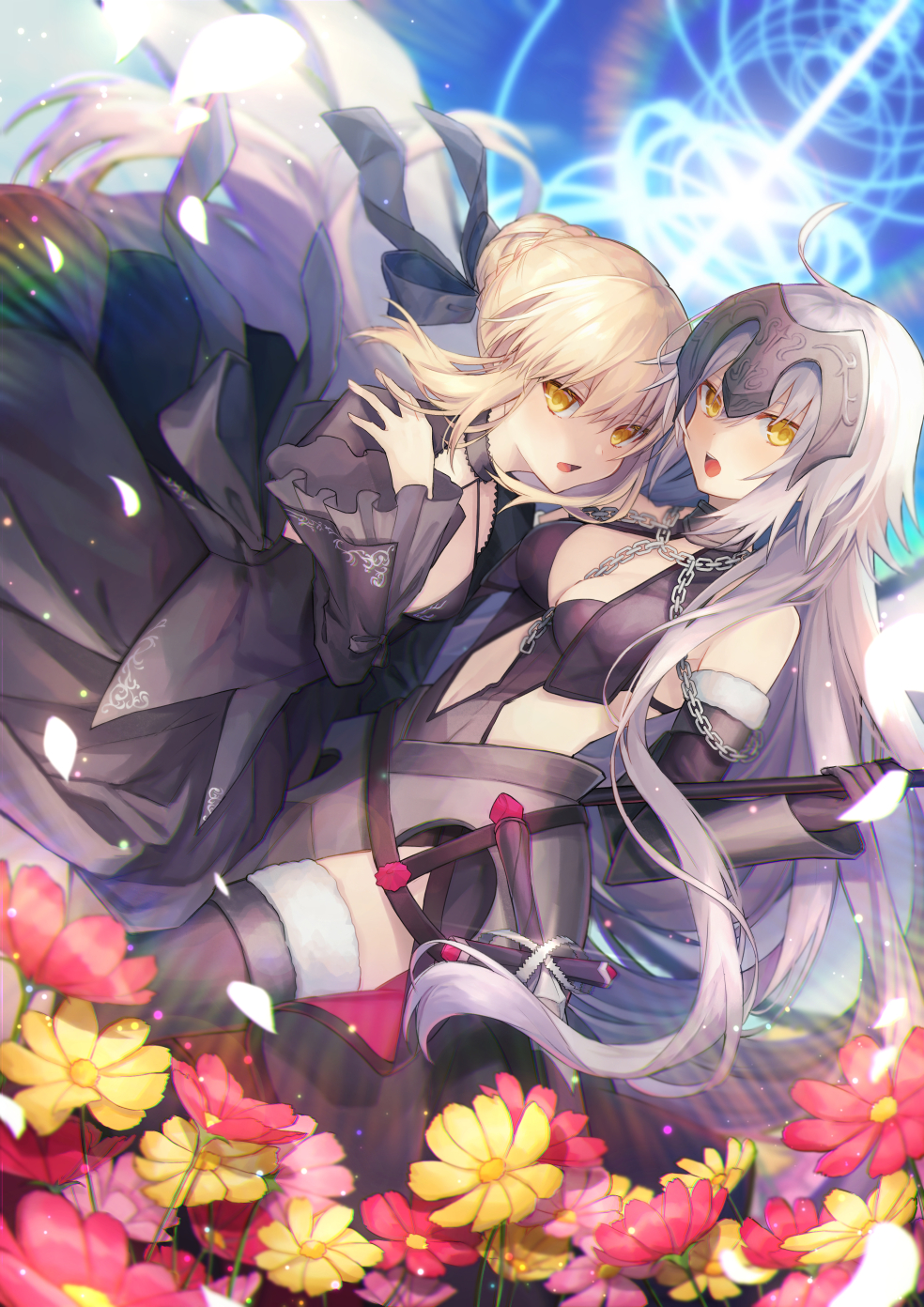 .com_(cu_105) 2girls armor armored_dress artoria_pendragon_(all) black_dress blonde_hair blurry chains commentary_request depth_of_field dress eyebrows_visible_through_hair fate/grand_order fate_(series) field flower flower_field fur_trim gauntlets headpiece highres jeanne_d'arc_(alter)_(fate) jeanne_d'arc_(fate)_(all) long_hair looking_at_viewer multiple_girls open_mouth rainbow saber_alter short_hair thigh-highs yellow_eyes zettai_ryouiki