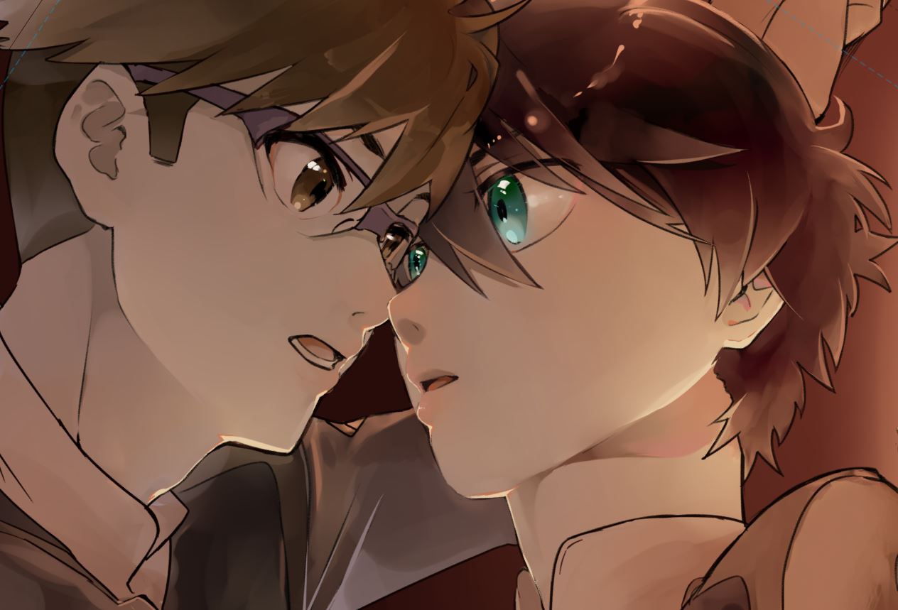 2boys against_wall aqua_eyes black_hair brown_eyes brown_hair commentary_request darling_in_the_franxx eye_contact eyebrows_visible_through_hair face-to-face forehead-to-forehead glasses gorou_(darling_in_the_franxx) hiro_(darling_in_the_franxx) imminent_kiss looking_at_another male_focus multiple_boys neck o831o141 open_mouth short_hair upper_body yaoi