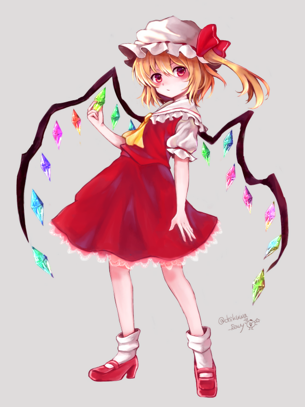 1girl artist_name ascot blonde_hair blush chikuwa_savi commentary_request crystal eyebrows_visible_through_hair flandre_scarlet frilled_shirt_collar frills full_body grey_background hair_between_eyes hand_up hat hat_ribbon looking_at_viewer mary_janes mob_cap puffy_short_sleeves puffy_sleeves red_eyes red_footwear red_ribbon ribbon shoes short_hair short_sleeves side_ponytail simple_background socks solo standing touhou twitter_username white_hat white_legwear wings yellow_neckwear