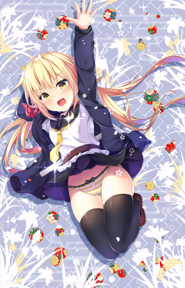 1girl :d black_legwear black_sailor_collar black_skirt blonde_hair blue_cardigan blue_jacket cardigan crescent crescent_hair_ornament fang glowing hair_ornament jacket jan_(janpx2012) kantai_collection long_hair long_sleeves necktie open_mouth panties pleated_skirt remodel_(kantai_collection) sailor_collar satsuki_(kantai_collection) sheath skirt smile solo striped striped_panties thigh-highs twintails underwear v-shaped_eyebrows yellow_eyes yellow_neckwear