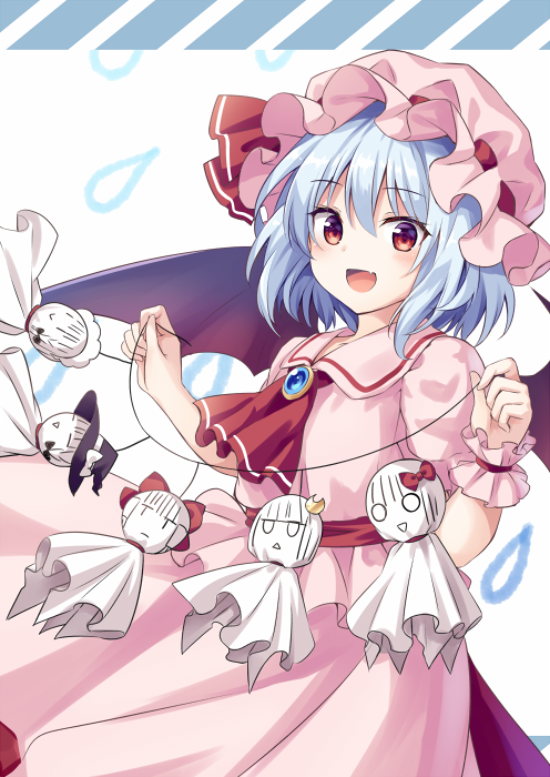 1girl :&gt; :&lt; :d ascot bangs bat_wings black_hat black_wings blue_hair blush bow brooch closed_eyes collared_dress commentary_request crescent crescent_hair_ornament diagonal_stripes eyebrows_visible_through_hair fang hair_between_eyes hair_ornament hakurei_reimu hat hat_bow holding izayoi_sakuya jewelry kirisame_marisa kure~pu maid_headdress mob_cap o_o open_mouth parted_lips patchouli_knowledge pink_hat pink_shirt pink_skirt puffy_short_sleeves puffy_sleeves red_bow red_eyes red_neckwear remilia_scarlet shirt short_sleeves skirt skirt_set smile solo striped teruterubouzu touhou triangle_mouth water_drop white_bow wings witch_hat |_|