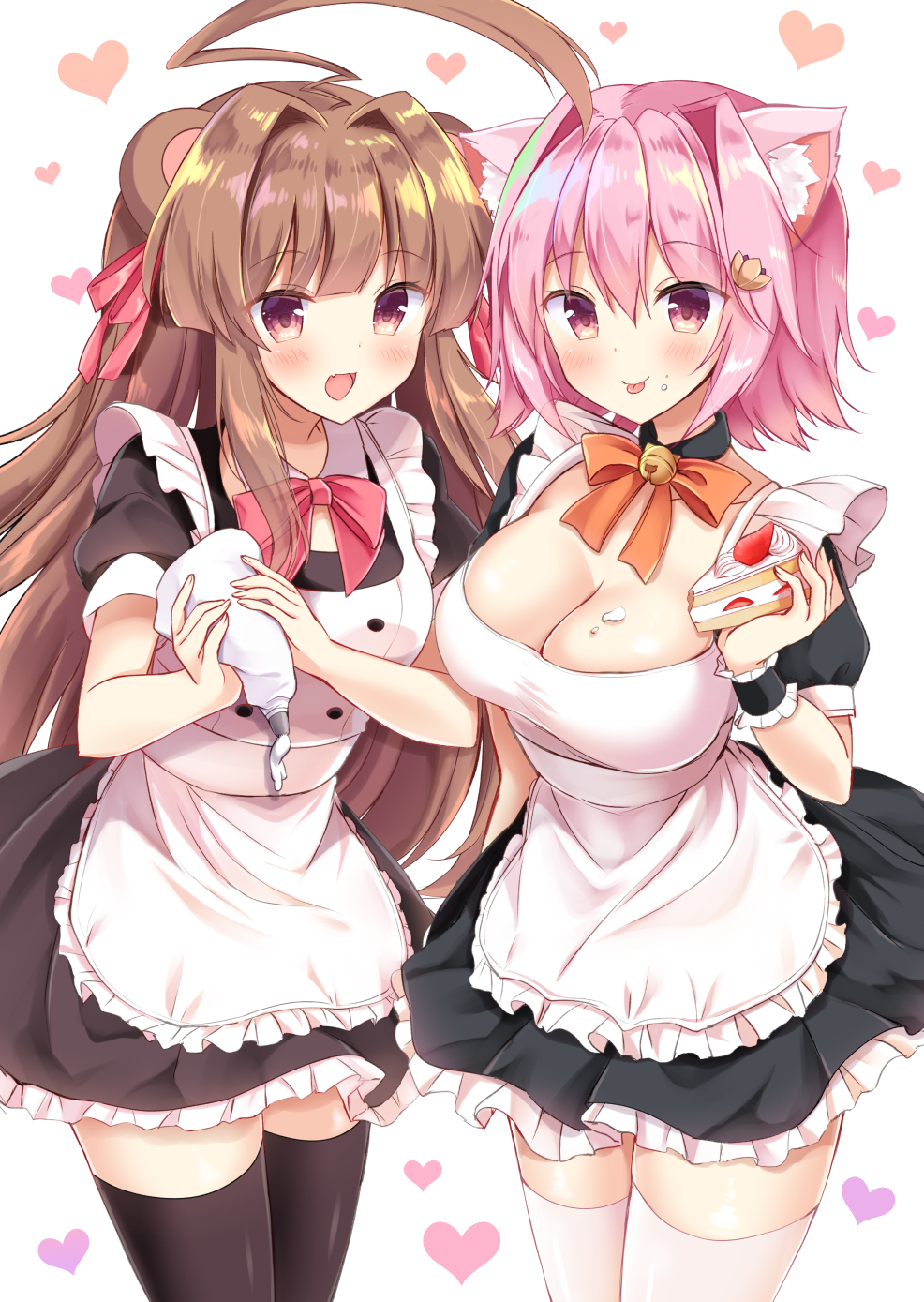 2girls :d ahoge animal_ears apron bear_ears bell black_choker black_legwear blush breasts brown_eyes brown_hair cake cat_ears choker commentary_request eyebrows_visible_through_hair fang food food_on_face fruit hair_ornament heart heart_background highres holding holding_food huge_ahoge jingle_bell kantai_collection kuma_(kantai_collection) large_breasts long_hair maid maid_apron masayo_(gin_no_ame) multiple_girls open_mouth pink_hair puffy_short_sleeves puffy_sleeves red_eyes short_hair short_sleeves smile strawberry tama_(kantai_collection) thigh-highs white_apron white_background white_legwear
