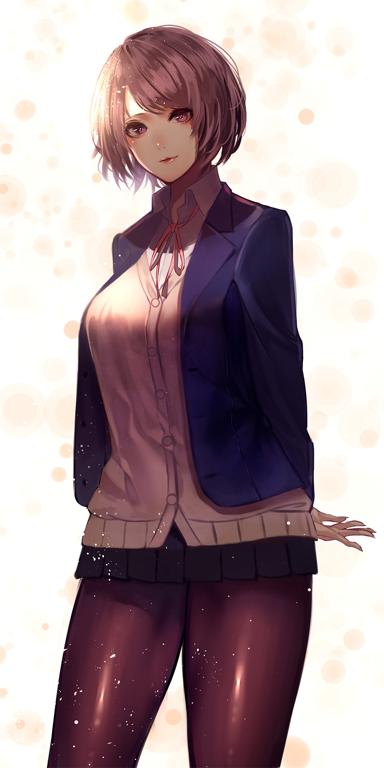 1girl arms_behind_back bangs black_legwear black_skirt blazer blue_blazer bob_cut breasts brown_cardigan brown_hair cardigan closed_mouth collared_shirt commentary_request contrapposto eyelashes feet_out_of_frame highres jacket kisui_(user_wswf3235) large_breasts light_particles lips long_sleeves looking_at_viewer miniskirt neck_ribbon open_blazer open_clothes open_jacket original pantyhose pink_eyes pink_ribbon pleated_skirt ribbon school_uniform shiny shiny_hair shirt short_hair simple_background skirt solo standing swept_bangs white_background white_shirt wing_collar