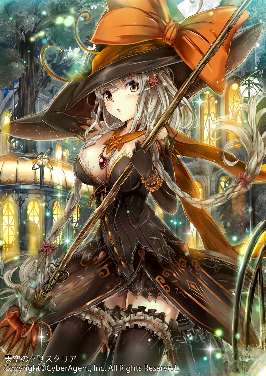 1girl bow braid breasts broom brown_eyes brown_gloves brown_hat brown_legwear cleavage dress elbow_gloves fantasy gloves grey_hair hair_ornament hat hat_bow highres holding holding_broom house jewelry long_hair medium_breasts moka._tapioka necklace official_art orange_bow ribbed_dress sparkle standing tenkuu_no_crystalia thigh-highs tree twin_braids watermark witch witch_hat wristband