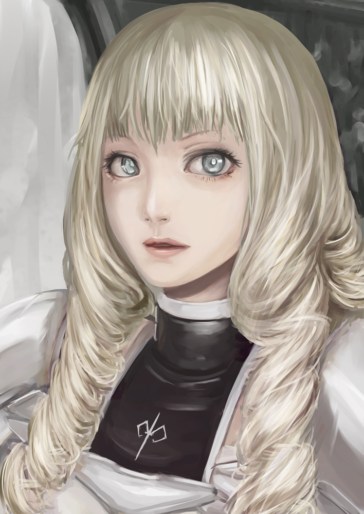 1girl anastasia_(claymore) armor blonde_hair bright_pupils claymore drill_hair grey_eyes lips long_hair looking_at_viewer parted_lips pink_lips solo spaulders tea_(nakenashi) twin_drills upper_body