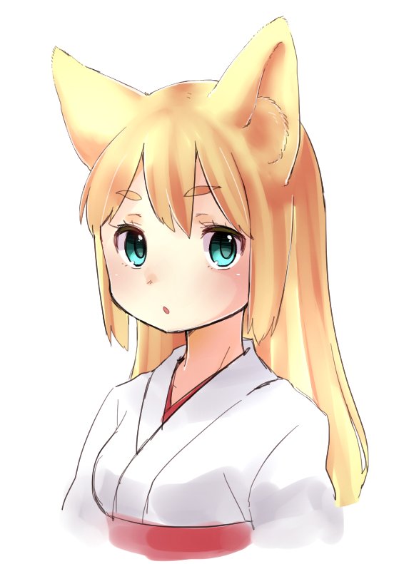 1girl :o animal_ears bangs blonde_hair eyebrows_visible_through_hair fox_ears green_eyes japanese_clothes kai_himo light_blush long_hair miko original parted_lips simple_background solo upper_body white_background