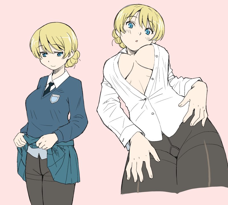 1girl bangs black_legwear black_neckwear blonde_hair blue_eyes blue_skirt blue_sweater braid breasts closed_mouth commentary cropped_legs crotch_seam darjeeling dress_shirt emblem eyebrows_visible_through_hair girls_und_panzer hand_on_own_leg lifted_by_self long_sleeves looking_at_viewer looking_down medium_breasts miniskirt multiple_views necktie no_pants open_clothes open_shirt pantyhose parted_lips pink_background pleated_skirt school_uniform shirt short_hair skirt skirt_lift smile st._gloriana's_school_uniform standing sweater tied_hair twin_braids uona_telepin v-neck white_shirt wing_collar