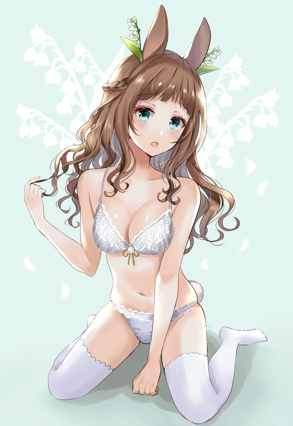 1girl :o animal_ears blue_eyes blush bra braid breasts brown_hair crown_braid curly_hair full_body grey_bra grey_panties hair_tousle hand_up highres kneeling lingerie long_hair looking_at_viewer medium_breasts myusha open_mouth original panties rabbit_ears solo thigh-highs underwear white_legwear