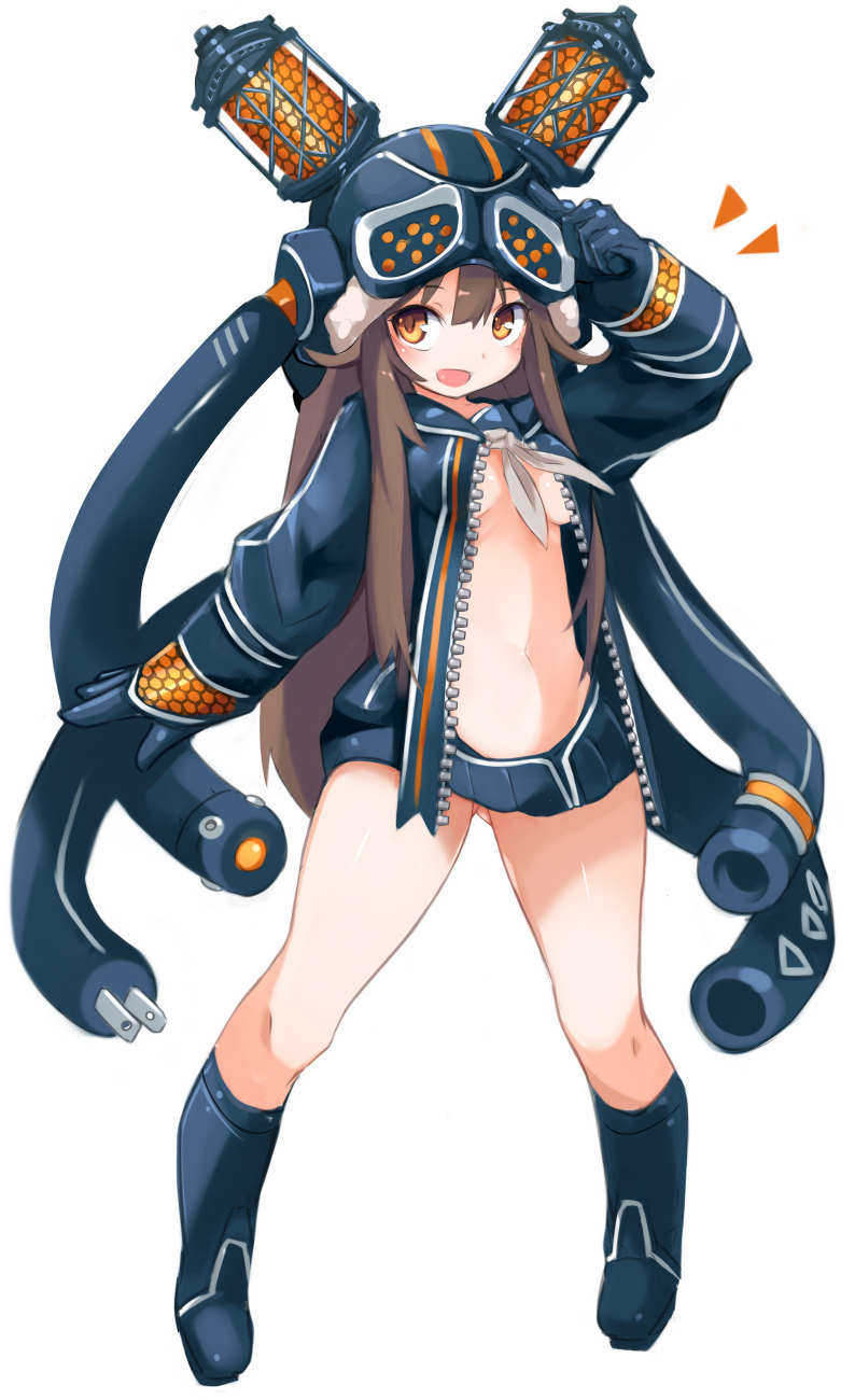 1girl :d arm_up bangs black_footwear black_gloves black_hat black_hoodie blush boots breasts brown_eyes brown_hair cable commentary_request eyebrows_visible_through_hair full_body gloves goggles goggles_on_headwear grey_neckwear hair_between_eyes hat highres hood hoodie iona_(last_period) karukan_(monjya) knee_boots last_period long_hair long_sleeves looking_at_viewer medium_breasts naked_hoodie navel neckerchief open_clothes open_hoodie open_mouth simple_background smile solo standing unzipped very_long_hair white_background
