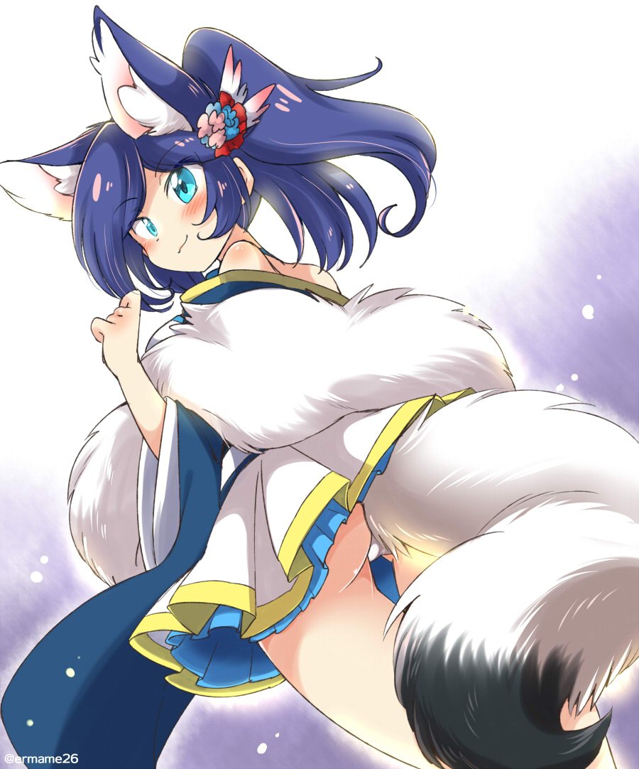 1girl animal_ears ass azur_lane bangs blue_eyes blue_hair blush closed_mouth eromame extra_ears eyebrows eyebrows_visible_through_hair fox_ears fox_tail from_behind hair_ornament high_ponytail inconvenient_tail jintsuu_(azur_lane) light_particles long_hair long_sleeves looking_away miniskirt off_shoulder panties pantyshot pantyshot_(standing) pleated_skirt skirt smile solo standing swept_bangs tail thigh_gap twitter_username underwear white_panties white_skirt wide_sleeves