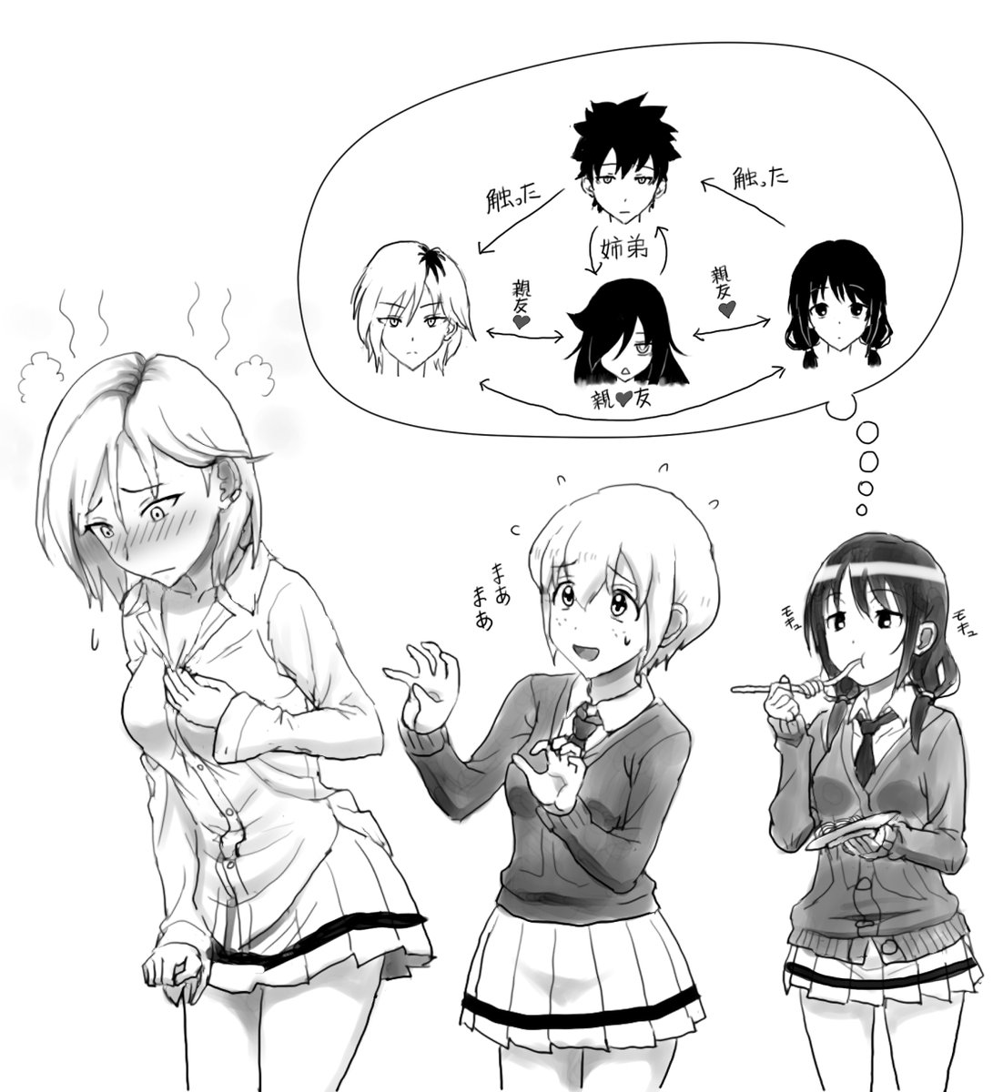 blush cardigan eating embarrassed freckles hair_between_eyes highres kuroki_tomoki kuroki_tomoko long_hair monochrome necktie open_mouth short_hair skirt tamura_yuri tanaka_mako translation_request twintails watashi_ga_motenai_no_wa_dou_kangaetemo_omaera_ga_warui! yoshida_masaki