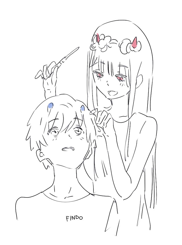 1boy 1girl bangs black_hair blue_horns blush couple darling_in_the_franxx findoworld fringe hand_on_another's_head hetero hiro_(darling_in_the_franxx) holding holding_object horns long_hair looking_at_another looking_back monochrome nightgown oni_horns pajamas pink_hair red_sclera shirtless short_hair signature zero_two_(darling_in_the_franxx)