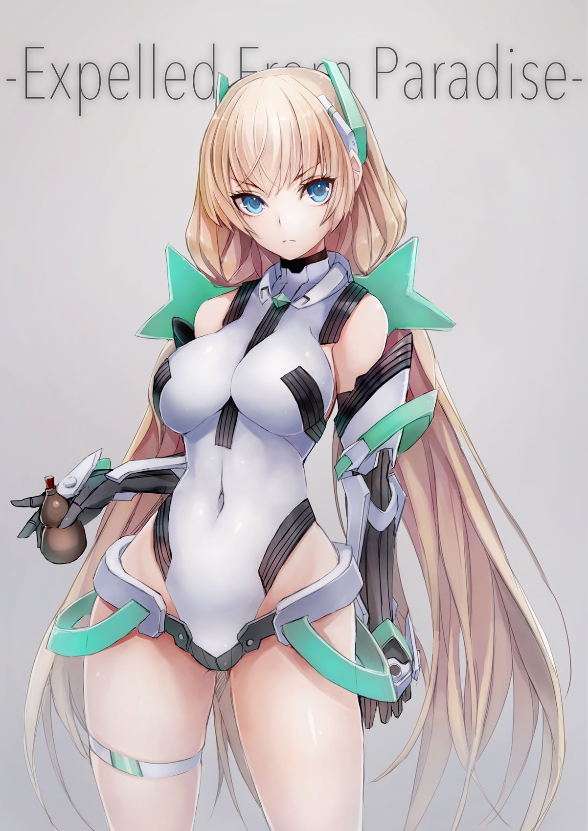 1girl angela_balzac armor bangs bare_shoulders blonde_hair blue_eyes breasts copyright_name covered_navel cowboy_shot elbow_gloves english frown gloves grey_background hair_ornament halterneck headgear highleg highleg_leotard highres holding impossible_clothes impossible_leotard large_breasts leotard long_hair looking_at_viewer low_twintails rakuen_tsuihou serious simple_background skin_tight skindentation solo standing taishi_(picchiridou) thigh_strap turtleneck twintails very_long_hair wide_hips