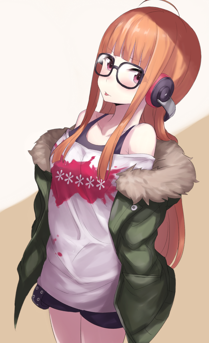 1girl :p ahoge bangs behind-the-head_headphones black-framed_eyewear blunt_bangs blush coat eyebrows_visible_through_hair fur-trimmed_coat fur_trim glasses green_coat headphones highres ichijou_(kr_neru0) long_hair looking_at_viewer orange_hair persona persona_5 pink_eyes sakura_futaba short_shorts shorts solo tongue tongue_out