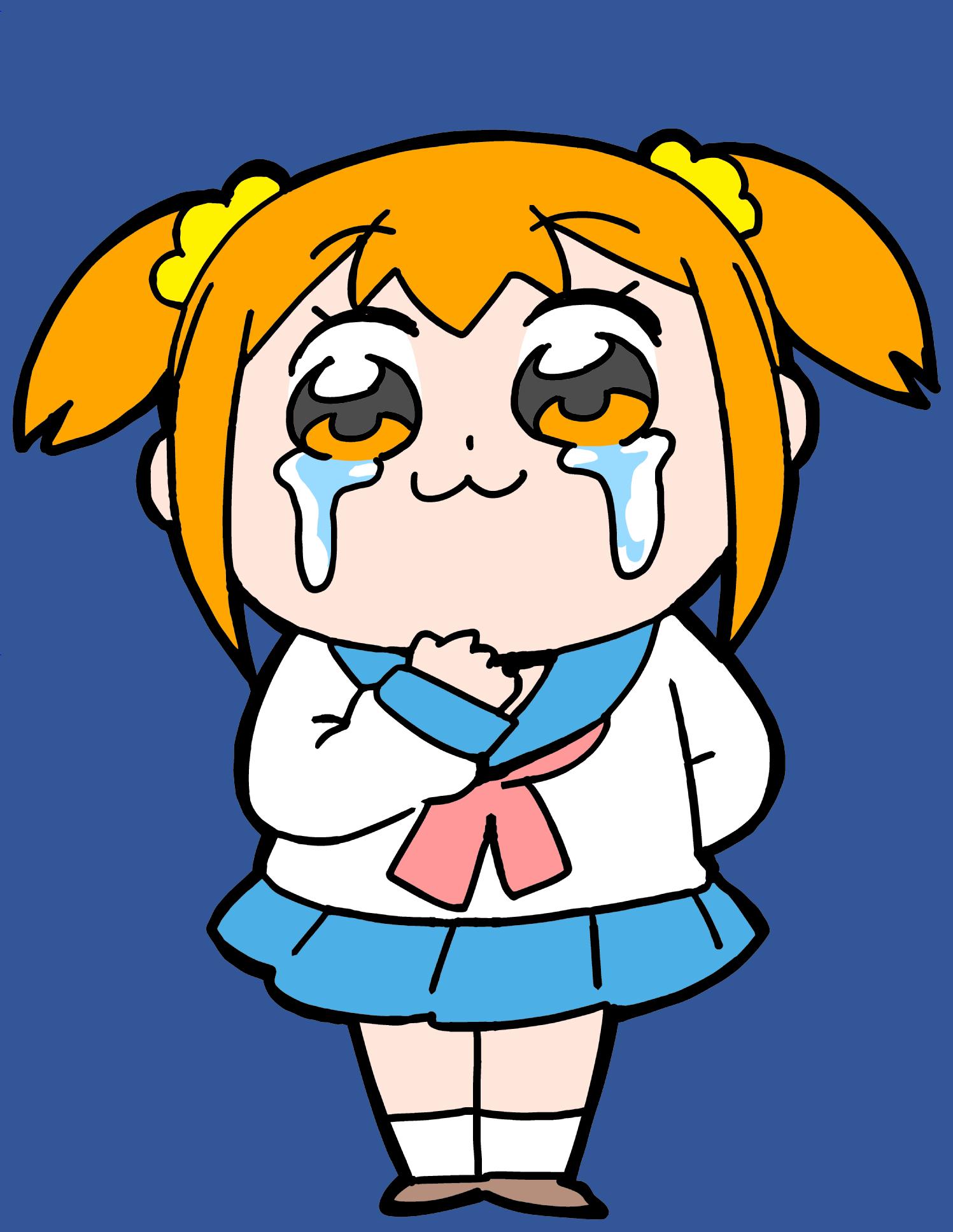 1girl :3 bangs bkub blue_background blue_collar blue_skirt brown_footwear clenched_hand crying crying_with_eyes_open eyebrows_visible_through_hair full_body hair_ornament hair_scrunchie hand_on_own_chest highres orange_eyes orange_hair poptepipic popuko sailor_collar school_uniform scrunchie serafuku shirt shoes short_hair short_twintails simple_background skirt solo tears twintails two_side_up white_shirt yellow_scrunchie