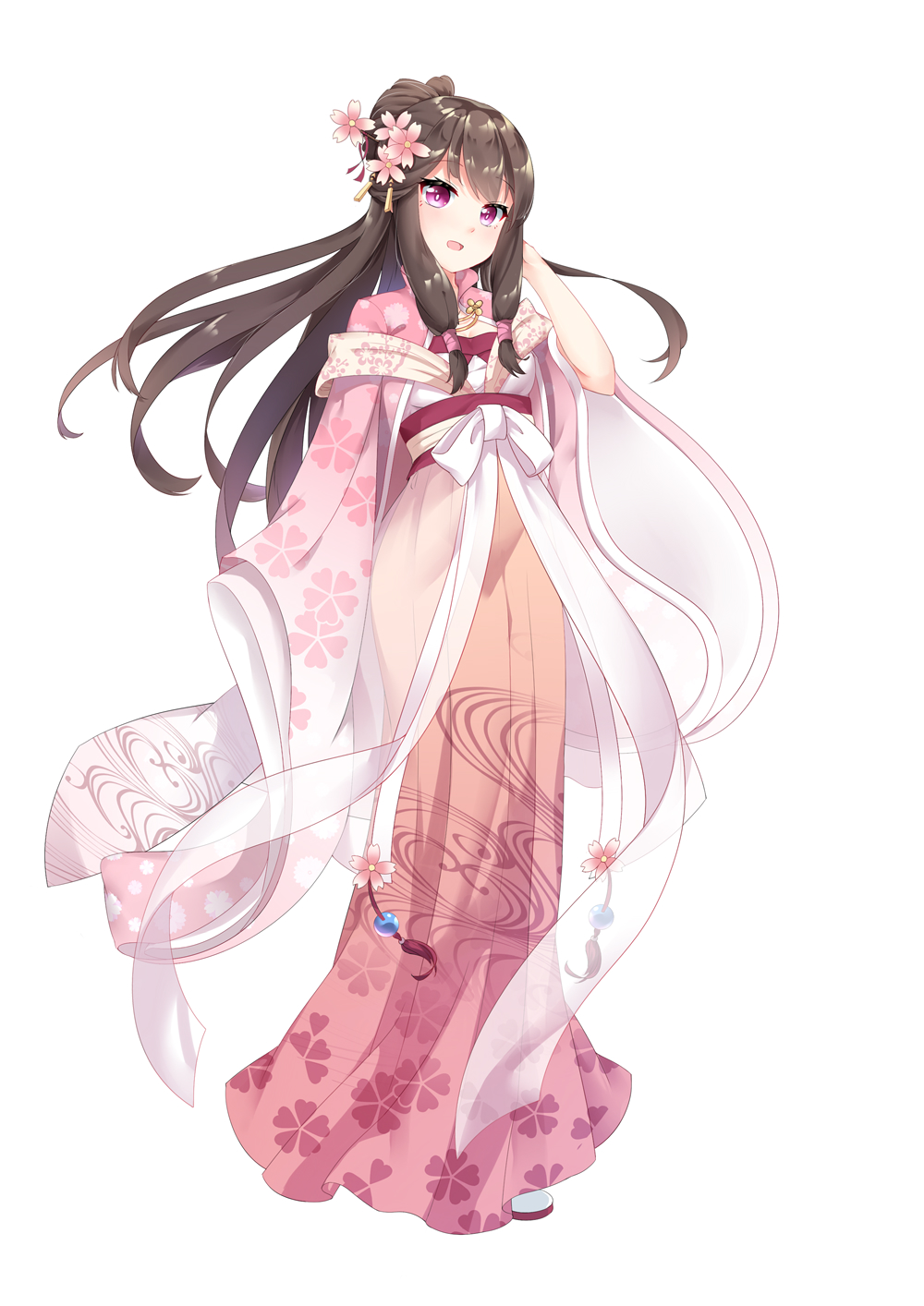 1girl :d blush brown_hair chihong_de_tianshi chinese_clothes floral_print flower full_body hair_flower hair_ornament half_updo hand_up highres long_hair long_sleeves obi open_mouth original pink_flower sash see-through sidelocks simple_background sleeves_past_fingers sleeves_past_wrists smile solo standing very_long_hair violet_eyes white_background white_footwear wide_sleeves