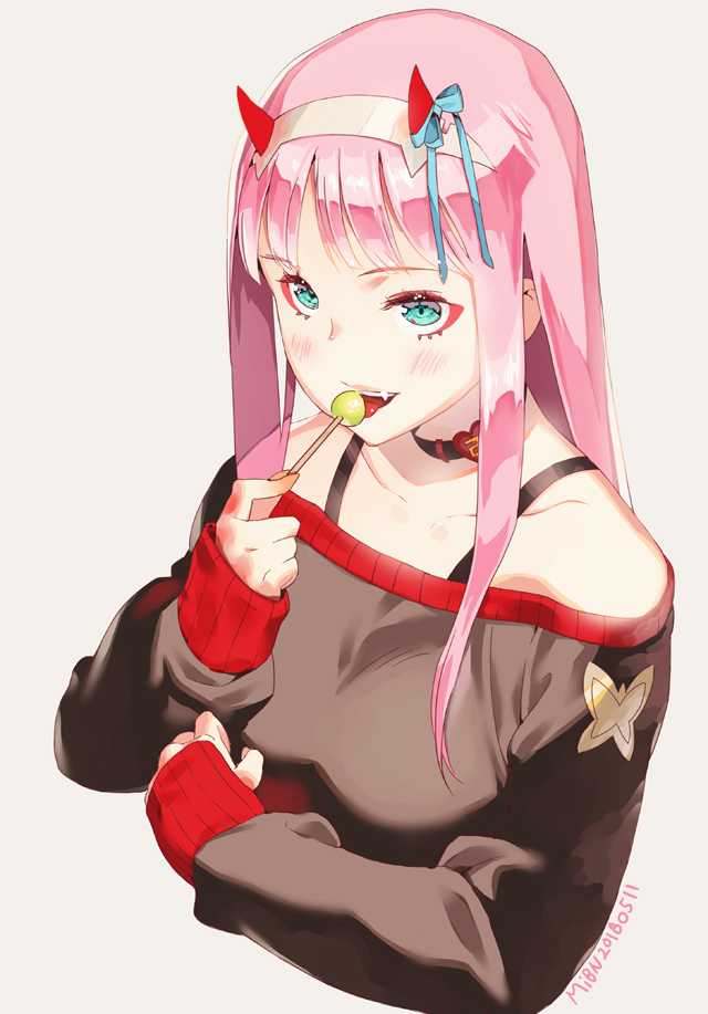 1girl candy commentary_request darling_in_the_franxx food graphite_(medium) green_eyes lollipop long_hair looking_at_viewer mibn pink_hair solo traditional_media zero_two_(darling_in_the_franxx)