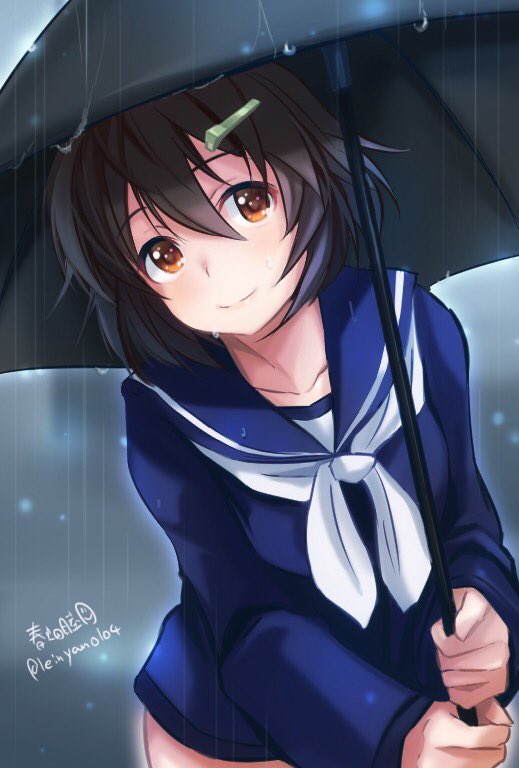 1girl artist_name bangs black_umbrella blouse blue_blouse brave_witches brown_eyes brown_hair closed_mouth commentary_request hair_ornament hairclip haruhata_mutsuki head_tilt holding holding_umbrella karibuchi_hikari long_sleeves looking_at_viewer neckerchief rain school_uniform serafuku short_hair signature smile solo standing twitter_username umbrella wet wet_clothes wet_face white_neckwear world_witches_series