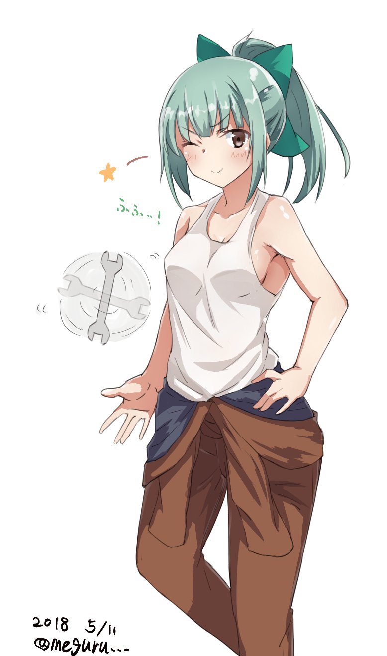 1girl bow breasts brown_eyes coveralls dated grey_hair hair_bow hand_on_hip highres kantai_collection looking_at_viewer meguru_(megurunn) one_eye_closed ponytail short_hair sideboob simple_background smile solo twitter_username undershirt white_background wrench yuubari_(kantai_collection)
