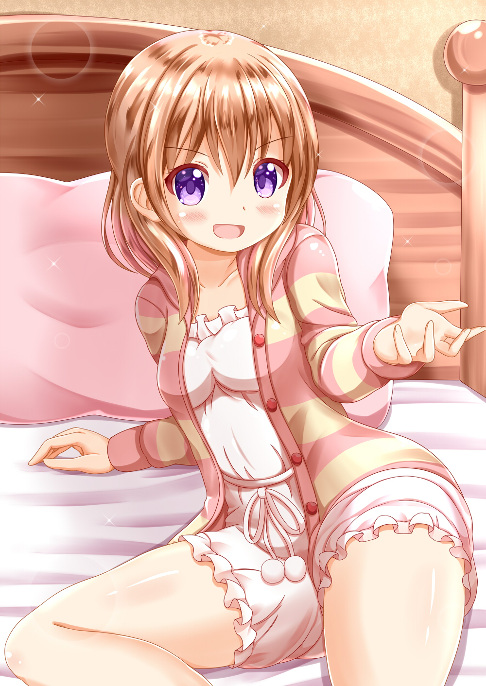 1girl :d arm_support bangs bed blush collarbone commentary_request eyebrows_visible_through_hair gochuumon_wa_usagi_desu_ka? hair_between_eyes highres hoto_cocoa indoors jacket light_brown_hair long_hair long_sleeves open_clothes open_jacket open_mouth pillow short_jumpsuit smile solo striped_jacket v-shaped_eyebrows violet_eyes white_jumpsuit zenon_(for_achieve)