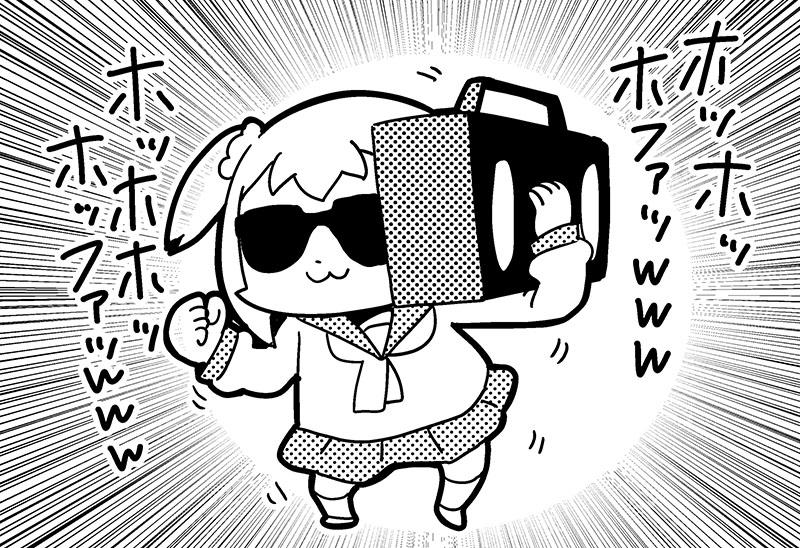 1girl :3 bangs bkub boombox carrying_over_shoulder clenched_hand dancing donkey_kong_country emphasis_lines greyscale hair_ornament hair_scrunchie holding_object monochrome parody poptepipic popuko school_uniform scrunchie serafuku short_hair short_twintails simple_background skirt solo sunglasses translation_request twintails two_side_up white_background