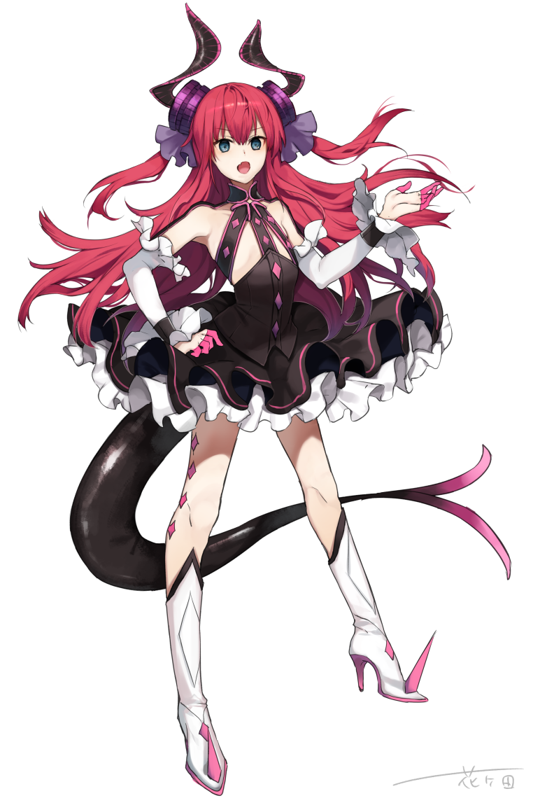 1girl bangs black_dress blue_eyes boots curled_horns detached_sleeves dragon_girl dragon_horns dragon_tail dress elizabeth_bathory_(fate) elizabeth_bathory_(fate)_(all) eyebrows_visible_through_hair fang fate/extra fate/extra_ccc fate_(series) full_body hair_between_eyes hair_ribbon hanakeda_(hanada_shiwo) hand_on_hip hand_up horns knee_boots long_hair long_sleeves open_mouth purple_ribbon redhead ribbon sleeveless sleeveless_dress solo spiked_boots spikes standing tail two_side_up very_long_hair white_footwear