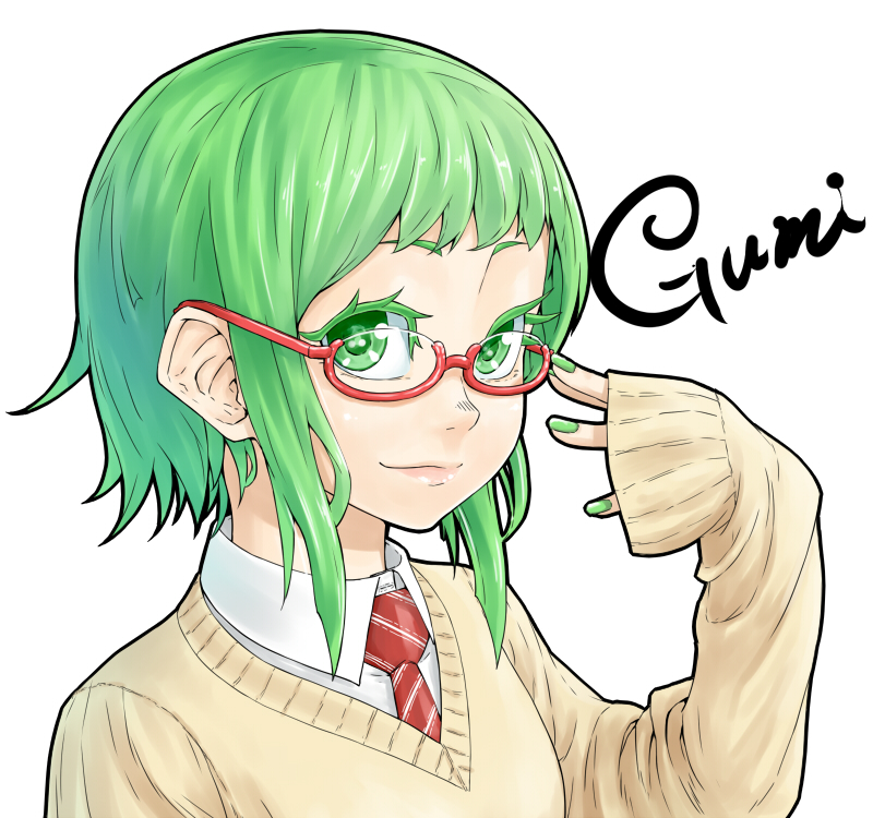 1girl character_name closed_mouth collared_shirt green_eyes green_hair green_nails gumi hand_up jaco long_sleeves looking_at_viewer nail_polish necktie red-framed_eyewear red_neckwear semi-rimless_eyewear shirt short_hair simple_background sleeves_past_wrists smile solo sweater under-rim_eyewear upper_body vocaloid white_background white_shirt wing_collar